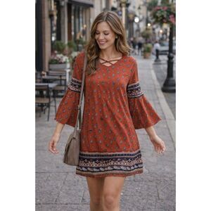 Urban Girl Tunic L Rust Blue Print Bohochic Bell Sleeve Casual Dress